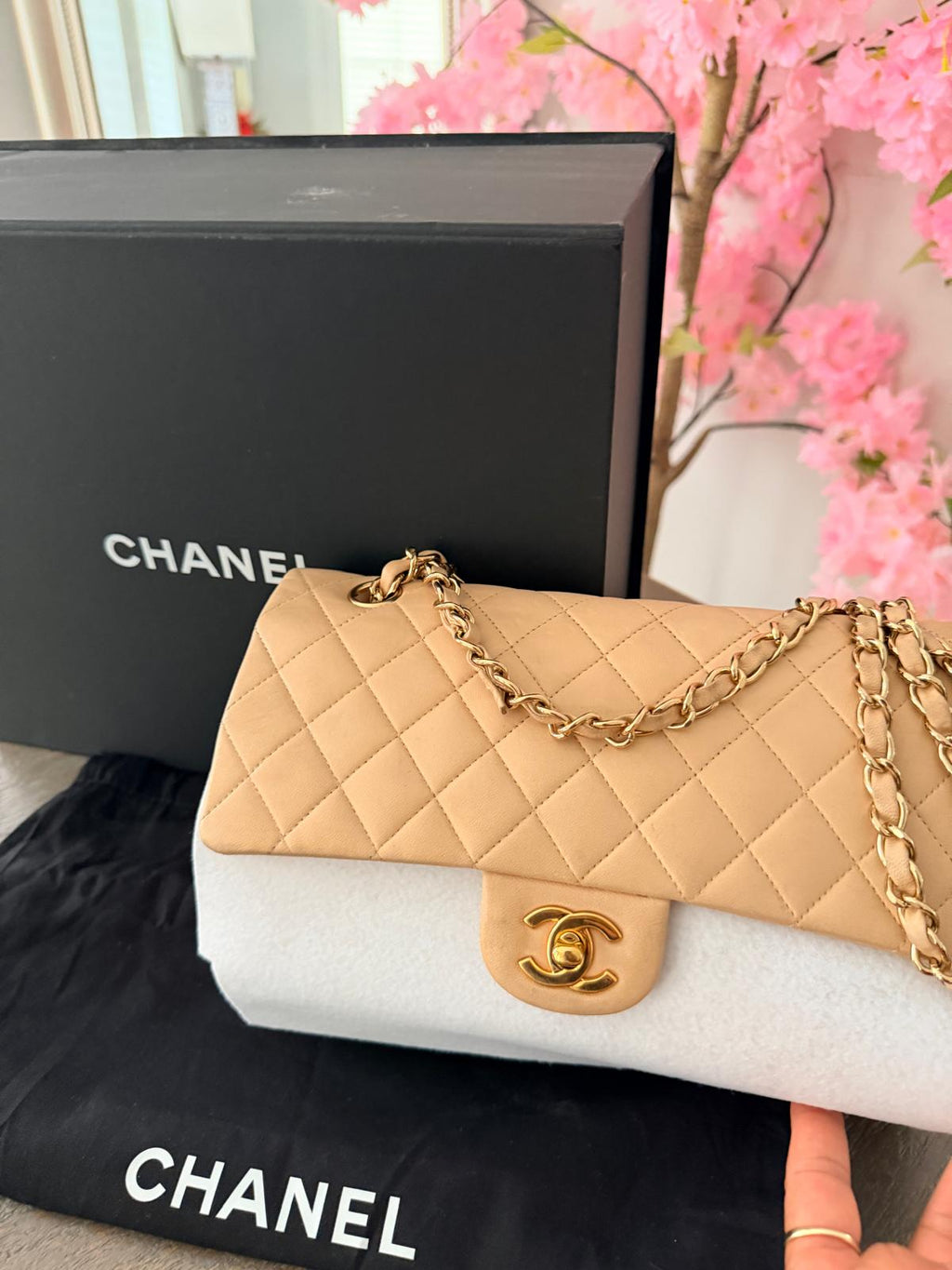 Chanel Medium Double Flap Beige Lambskin Leather Handbag Gold Hardware