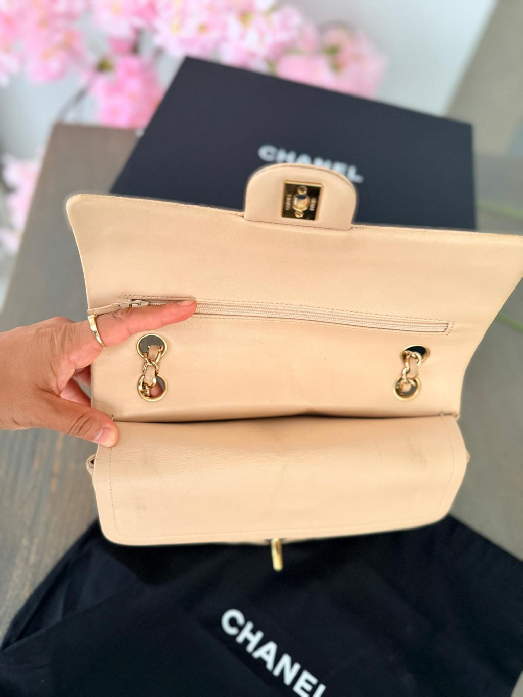 Chanel Medium Double Flap Beige Lambskin Leather Handbag Gold Hardware