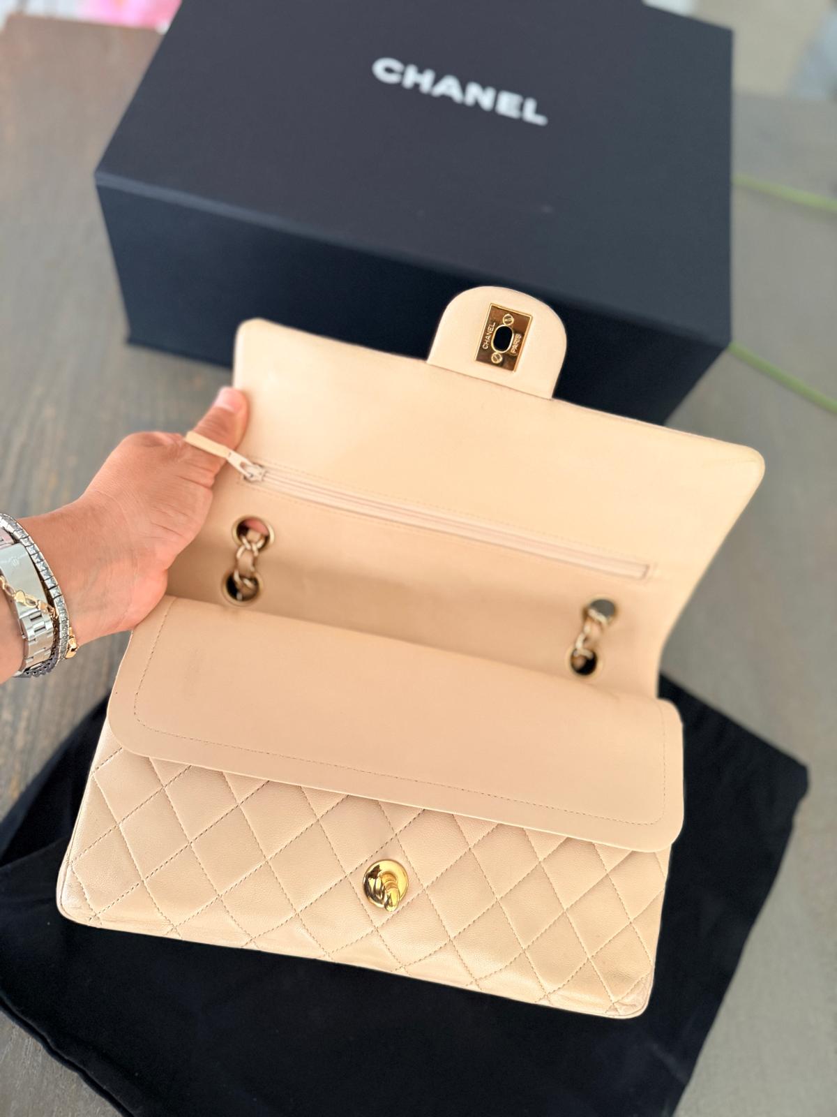 Chanel Medium Double Flap Beige Lambskin Leather Handbag Gold Hardware