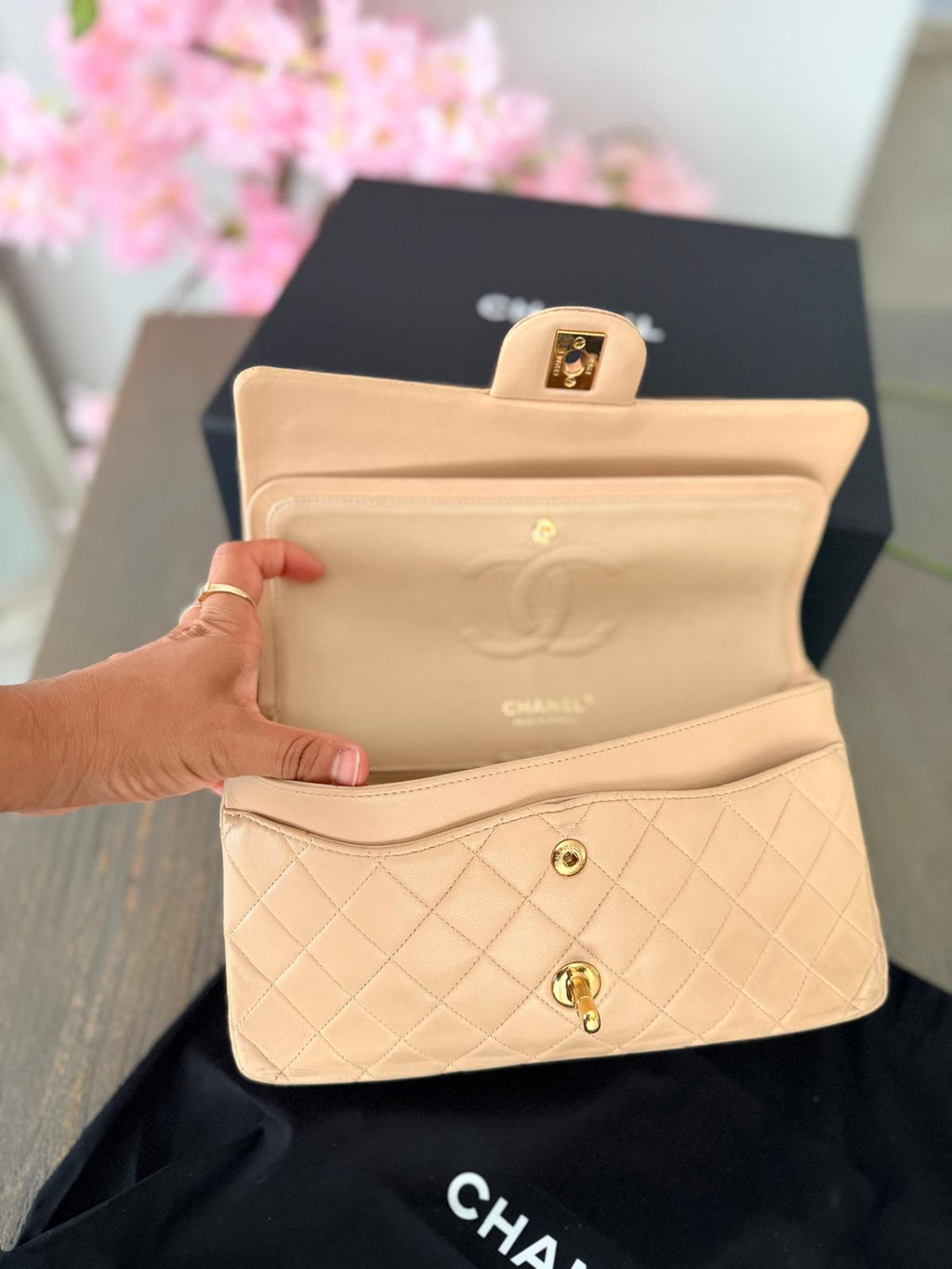Chanel Medium Double Flap Beige Lambskin Leather Handbag Gold Hardware