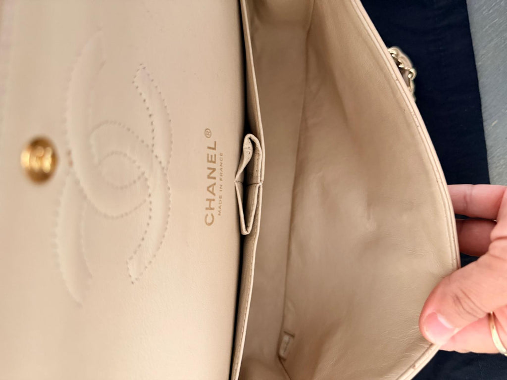 Chanel Medium Double Flap Beige Lambskin Leather Handbag Gold Hardware