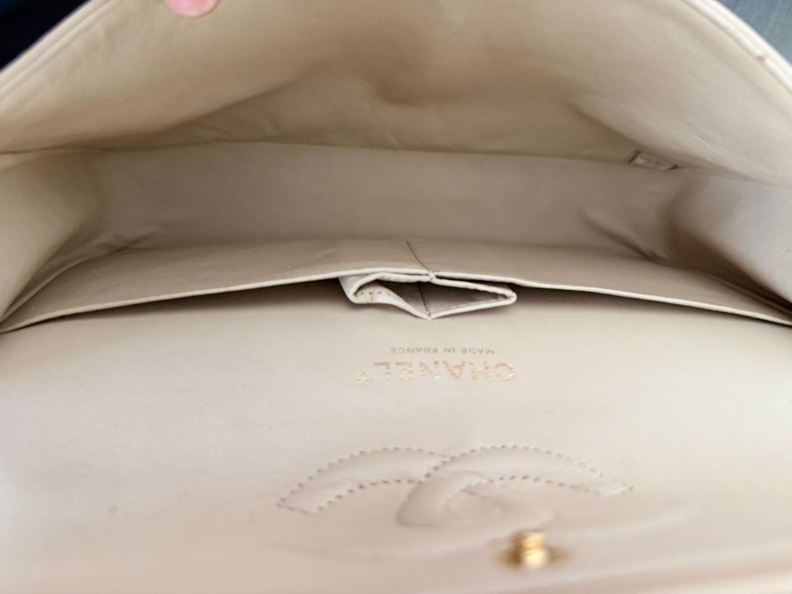 Chanel Medium Double Flap Beige Lambskin Leather Handbag Gold Hardware