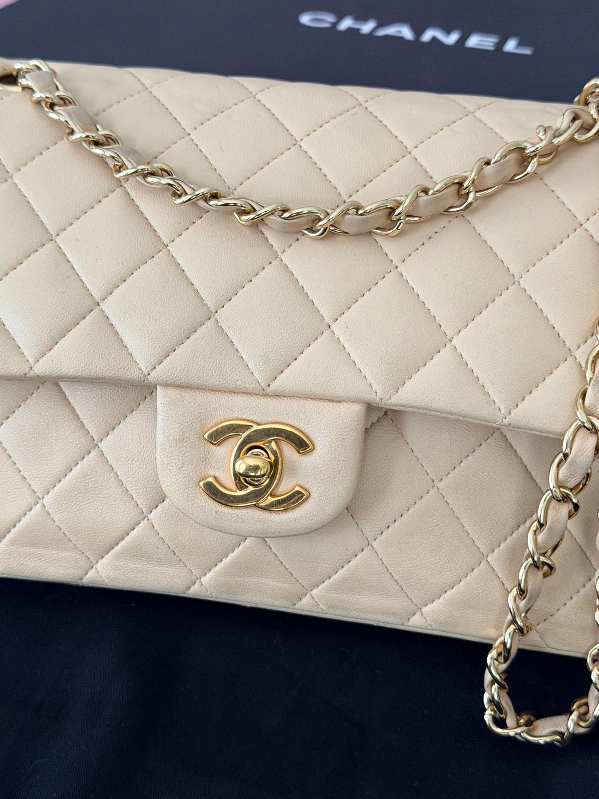 Chanel Medium Double Flap Beige Lambskin Leather Handbag Gold Hardware