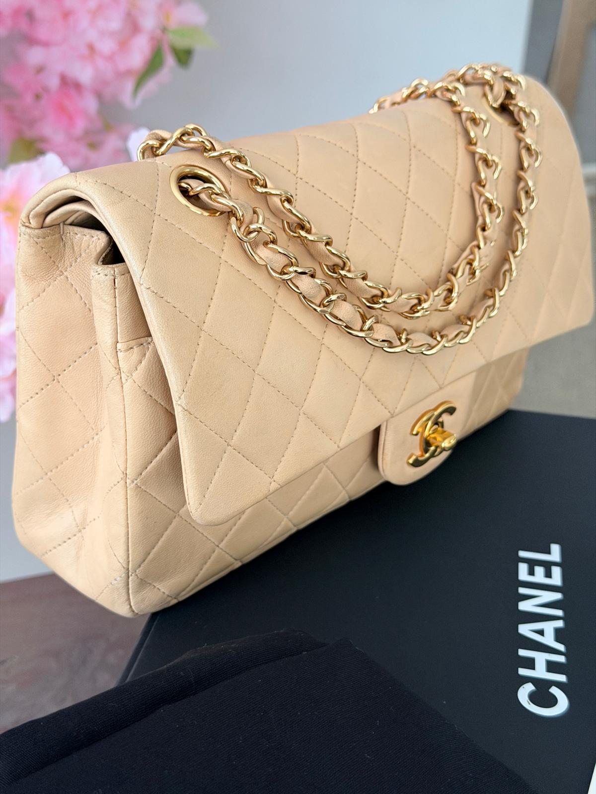 Chanel Medium Double Flap Beige Lambskin Leather Handbag Gold Hardware