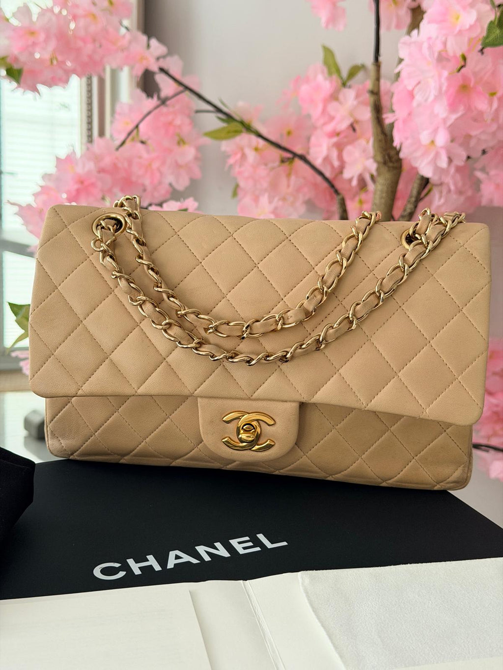 Chanel Medium Double Flap Beige Lambskin Leather Handbag Gold Hardware