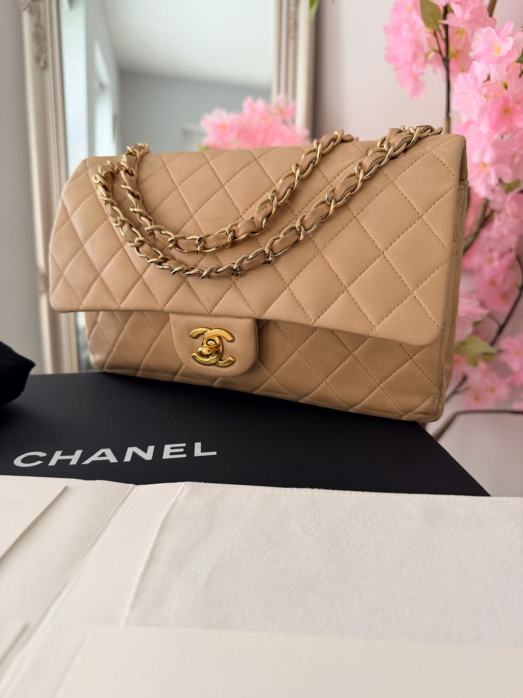 Chanel Medium Double Flap Beige Lambskin Leather Handbag Gold Hardware