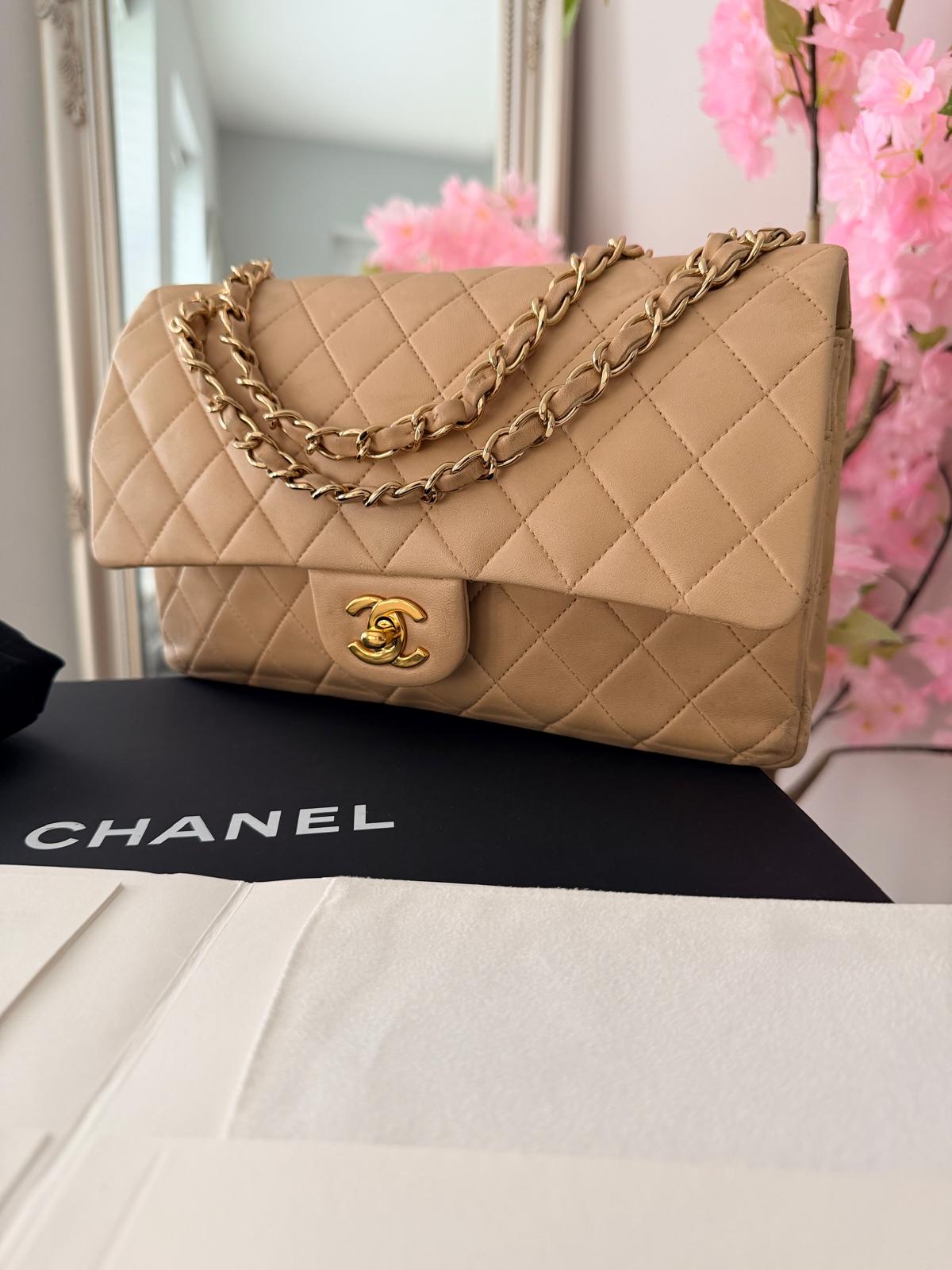 Chanel Medium Double Flap Beige Lambskin Leather Handbag Gold Hardware