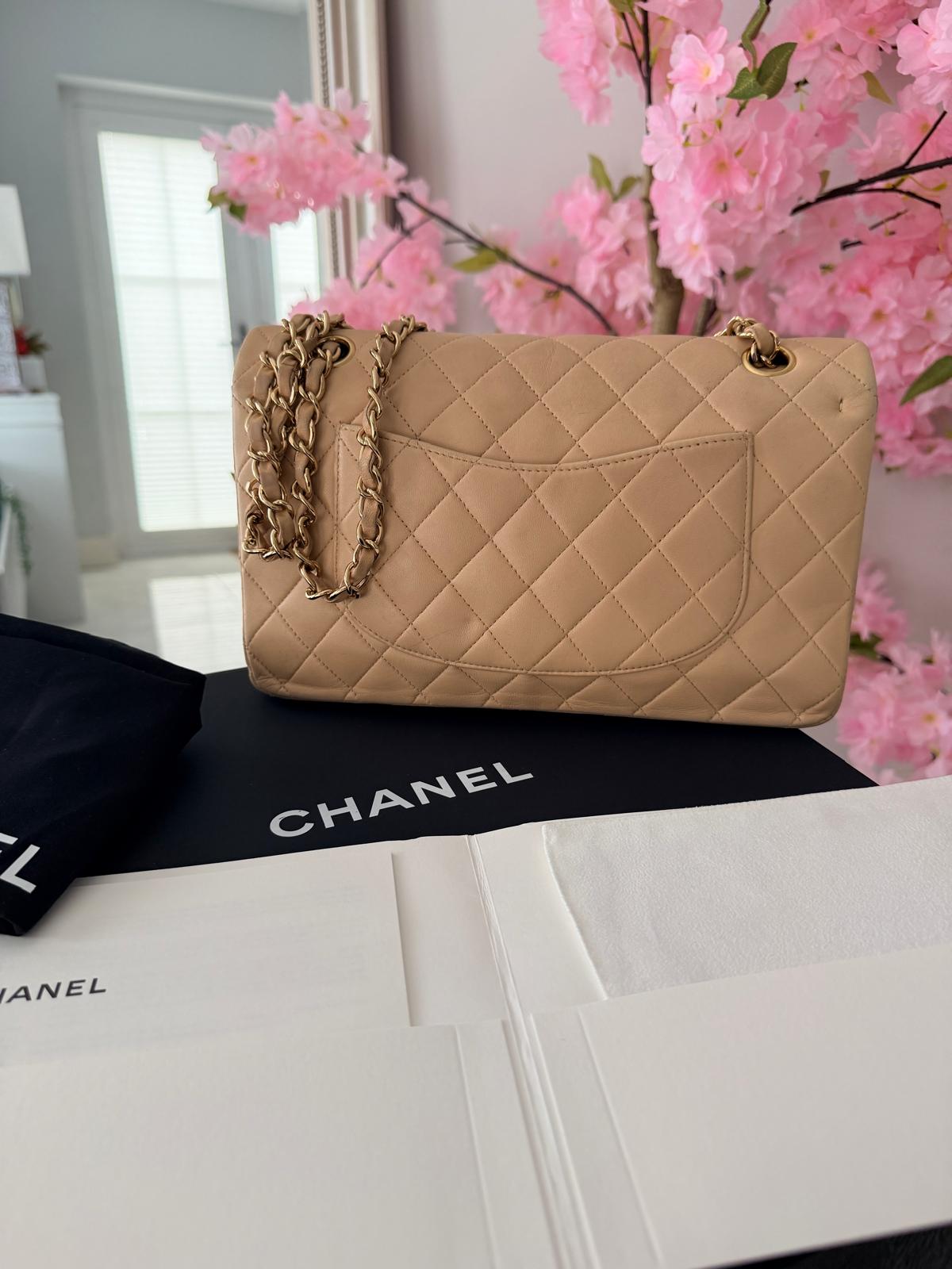 Chanel Medium Double Flap Beige Lambskin Leather Handbag Gold Hardware