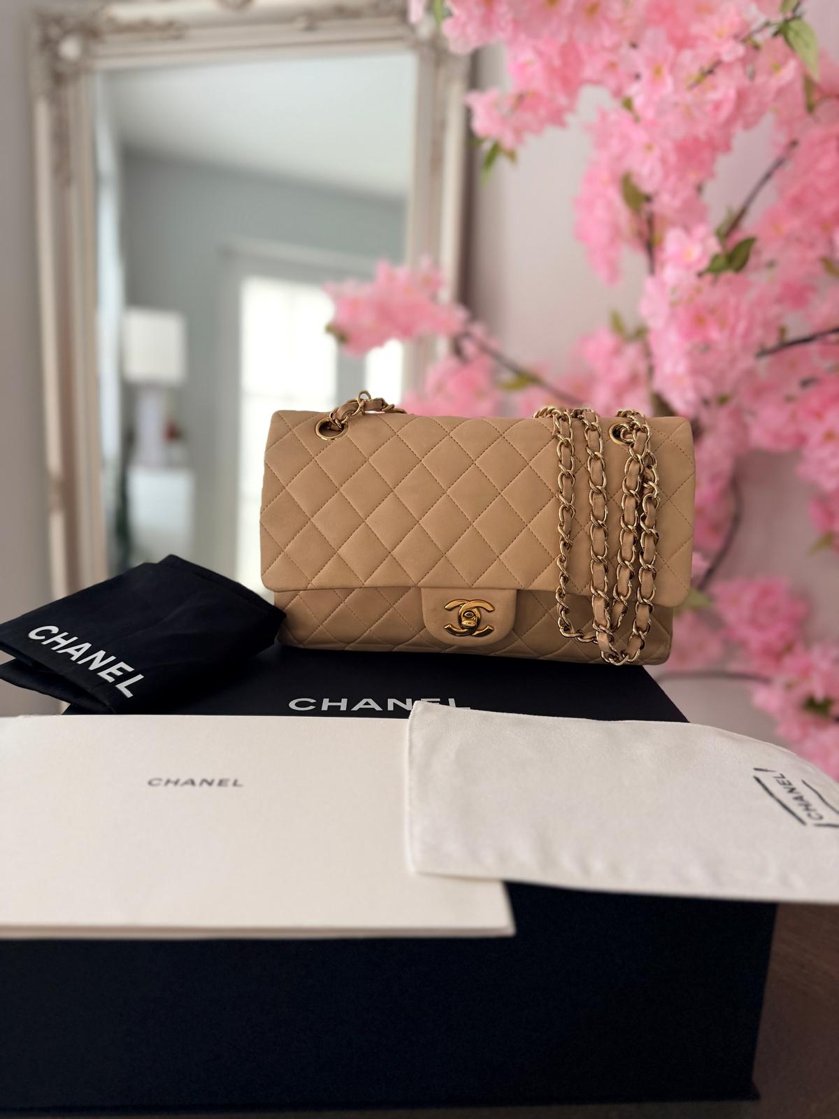 Chanel Medium Double Flap Beige Lambskin Leather Handbag Gold Hardware