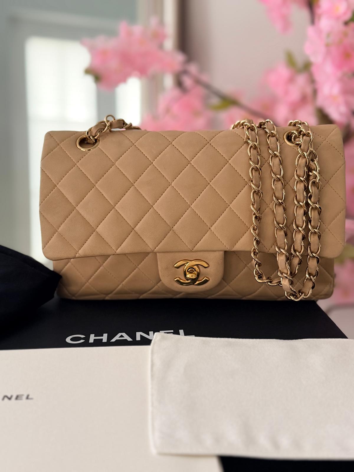 Chanel Medium Double Flap Beige Lambskin Leather Handbag Gold Hardware