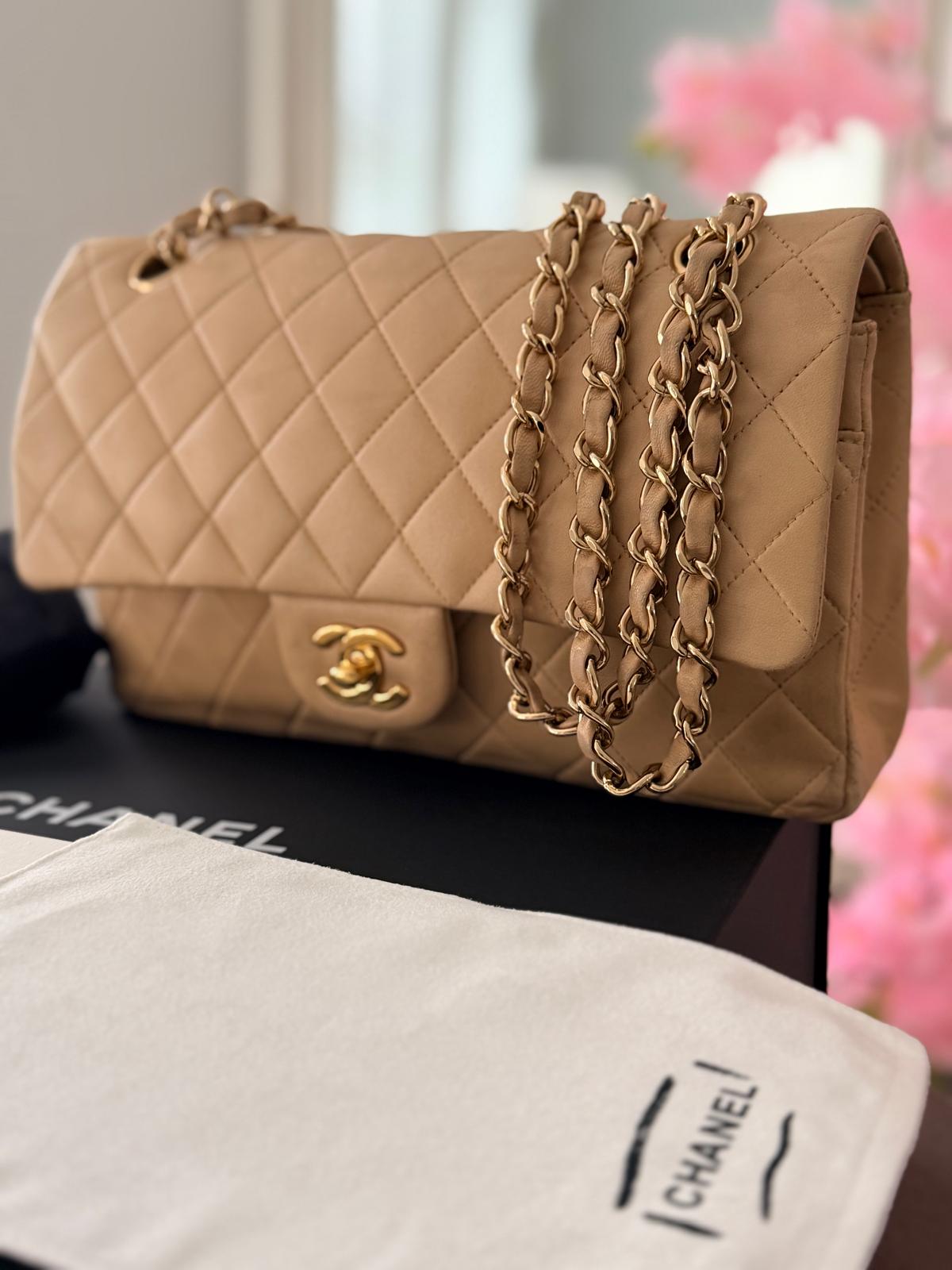 Chanel Medium Double Flap Beige Lambskin Leather Handbag Gold Hardware