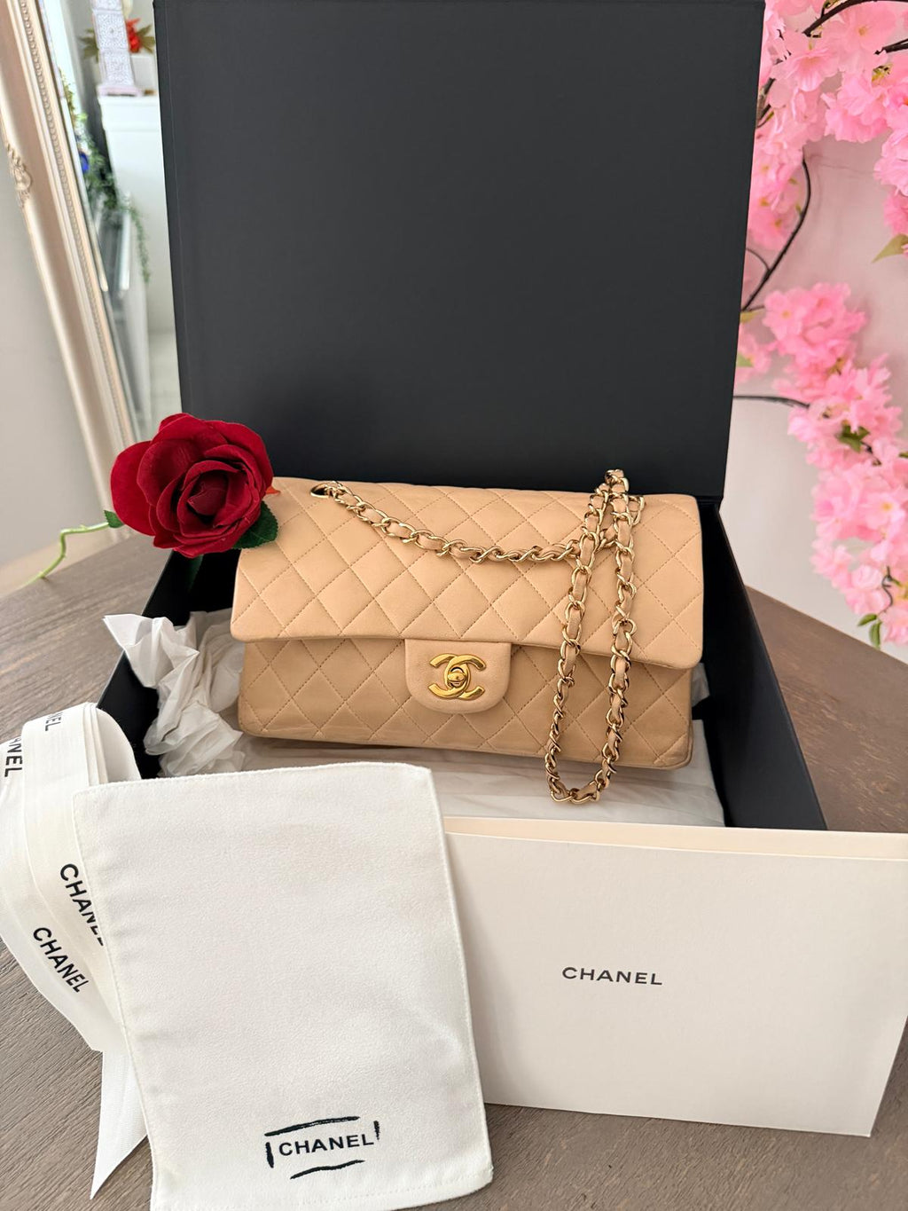 Chanel Medium Double Flap Beige Lambskin Leather Handbag Gold Hardware