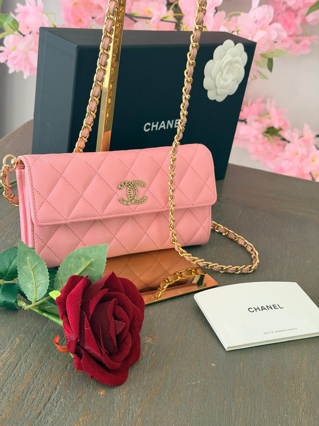 Chanel Matelasse Long Wallet Pink Caviar Leather Gold Hardware