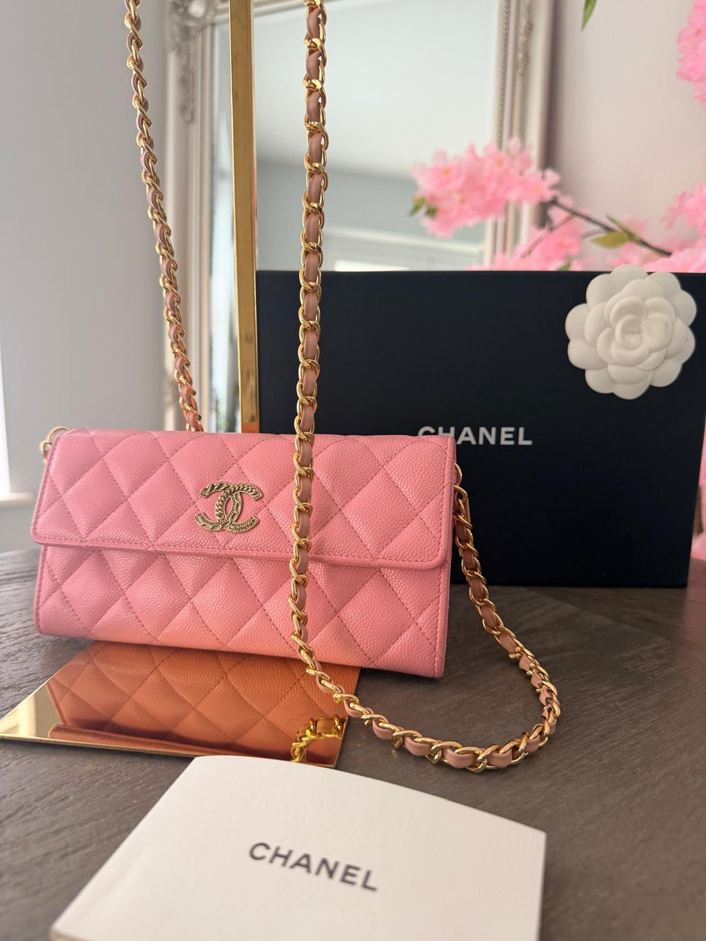 Chanel Matelasse Long Wallet Pink Caviar Leather Gold Hardware