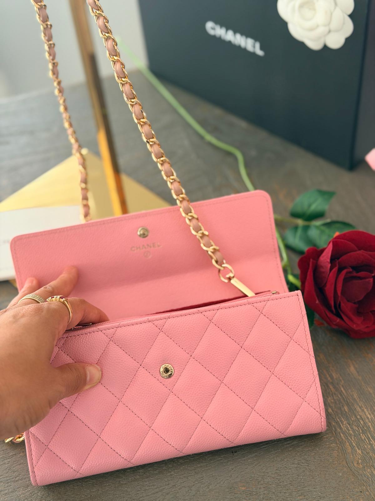 Chanel Matelasse Long Wallet Pink Caviar Leather Gold Hardware
