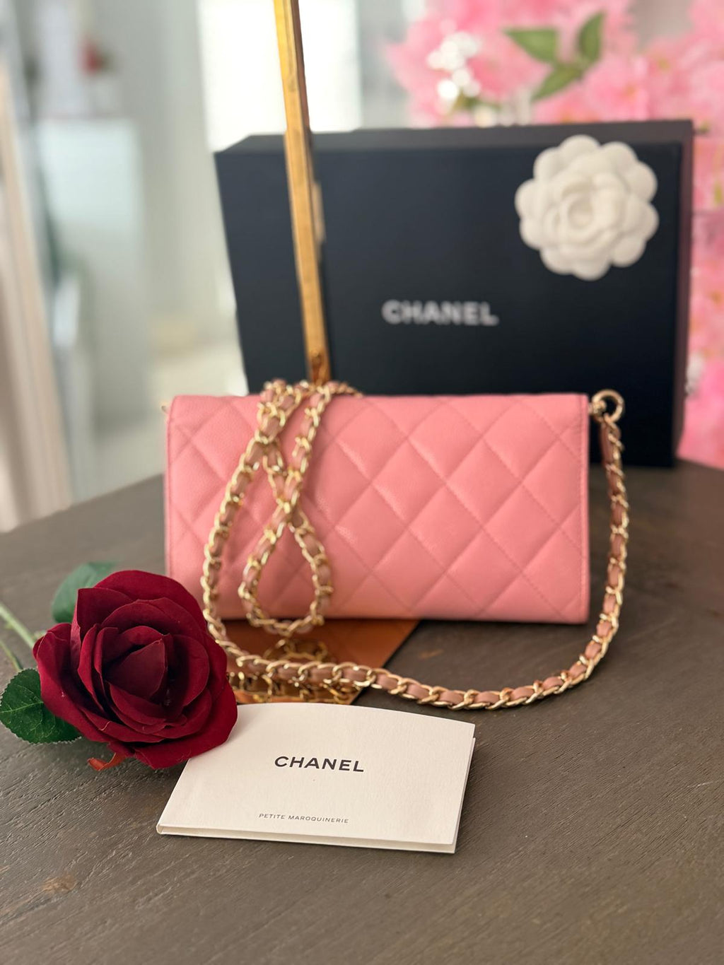 Chanel Matelasse Long Wallet Pink Caviar Leather Gold Hardware