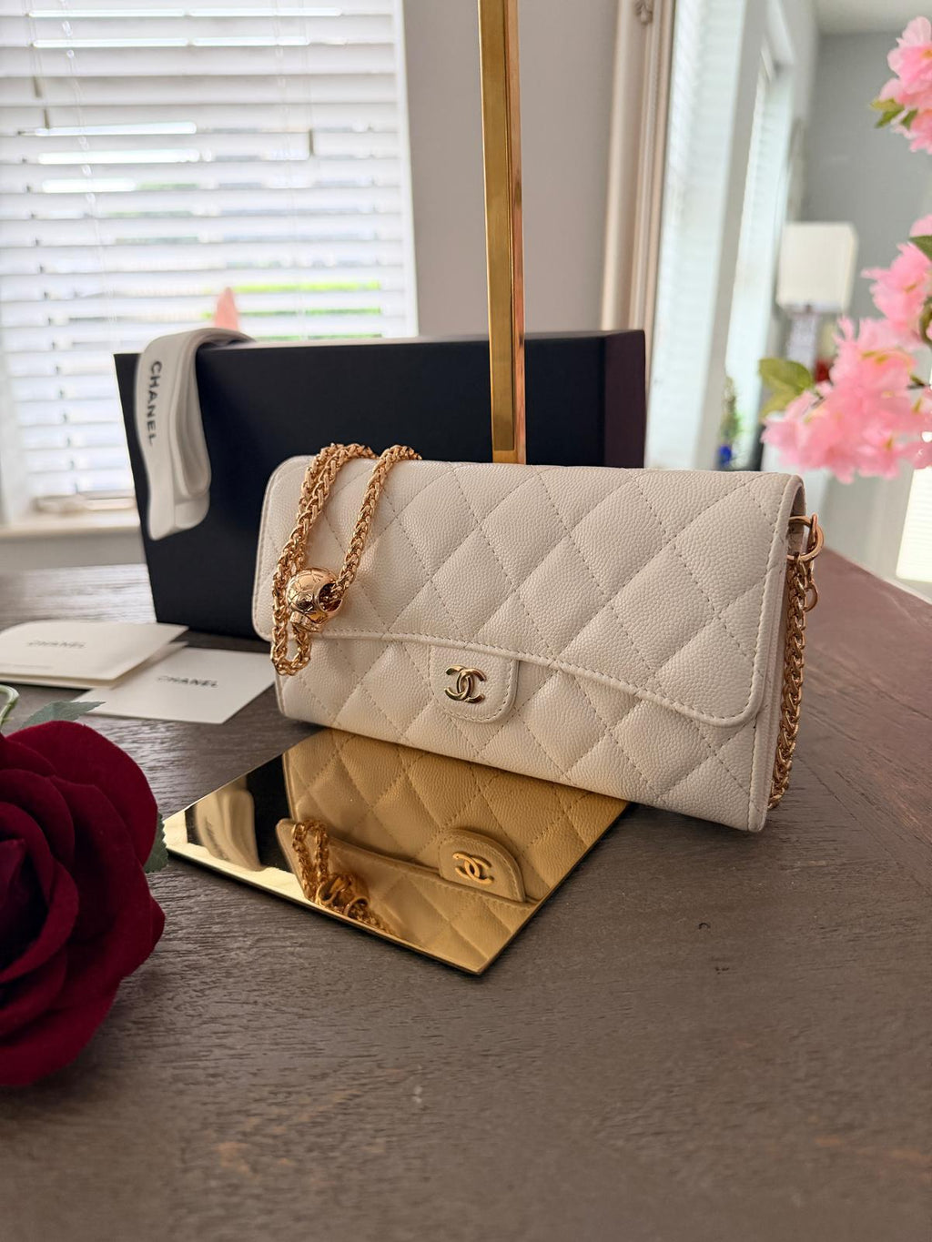 Chanel Matelasse Long Wallet White Caviar Leather Gold Hardware Series 30