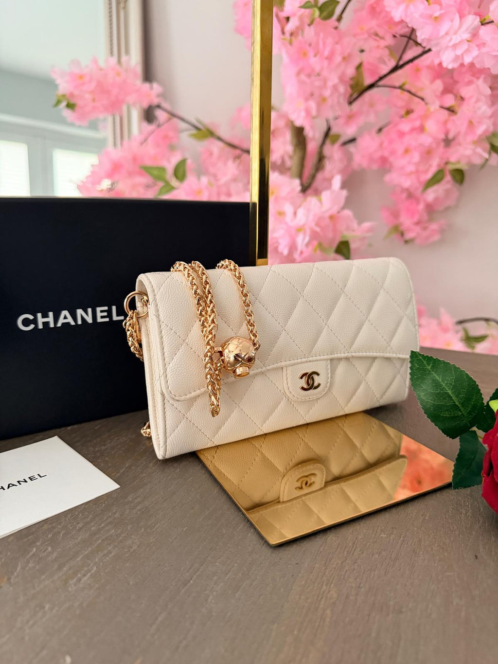 Chanel Matelasse Long Wallet White Caviar Leather Gold Hardware Series 30