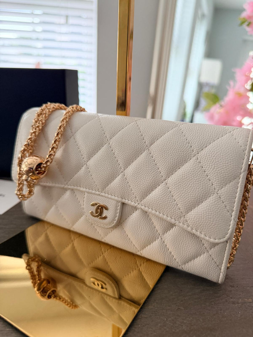 Chanel Matelasse Long Wallet White Caviar Leather Gold Hardware Series 30