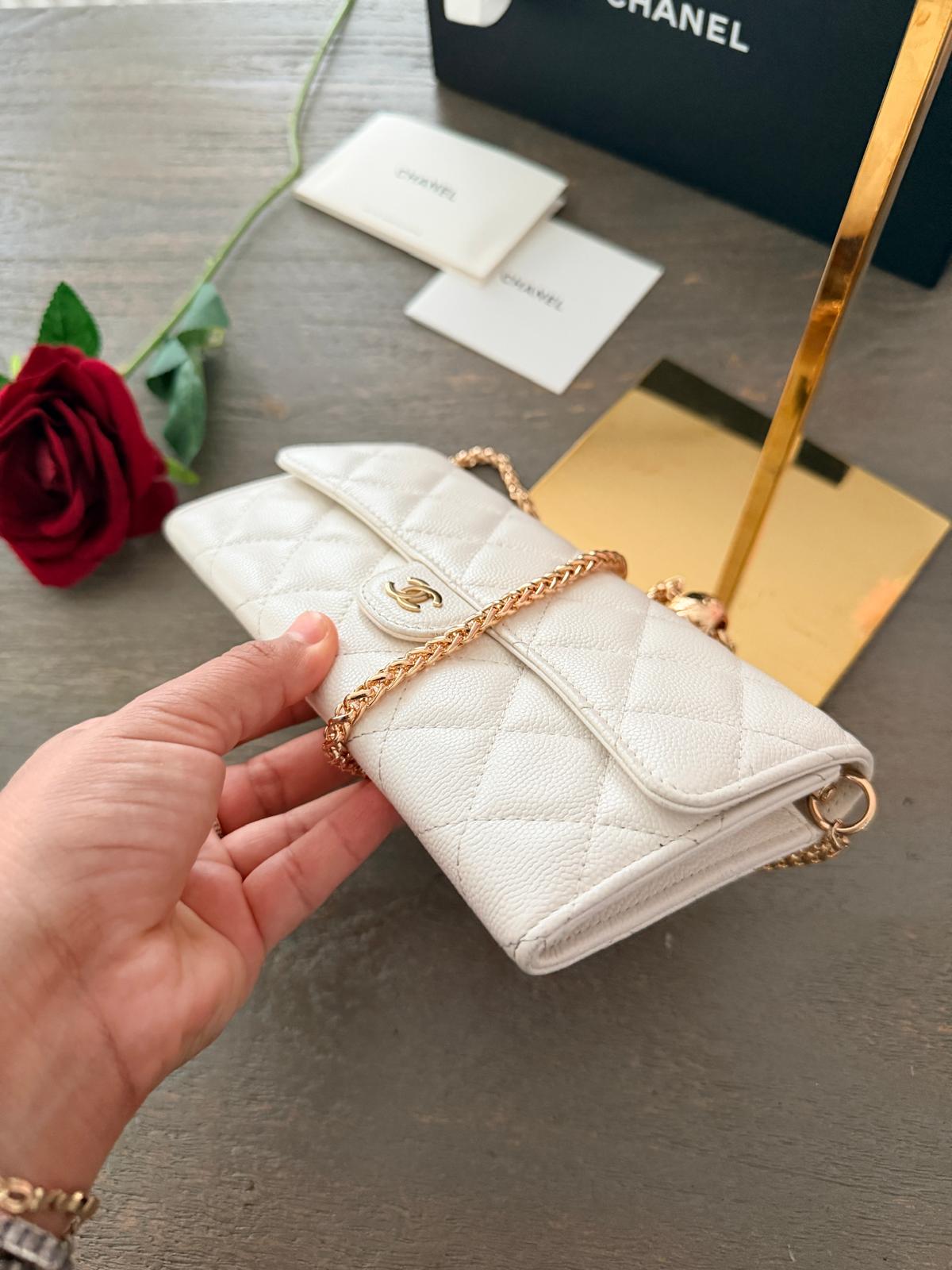Chanel Matelasse Long Wallet White Caviar Leather Gold Hardware Series 30