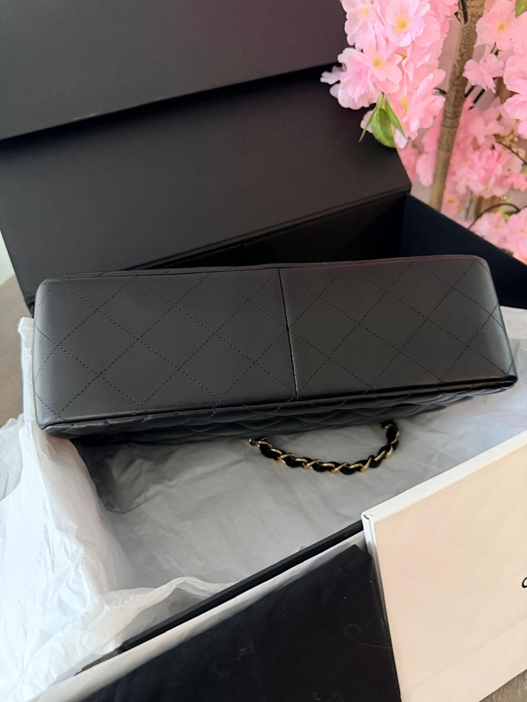 Chanel Timeless Classic Jumbo Double Flap Handbag Black Lambskin Gold Leather