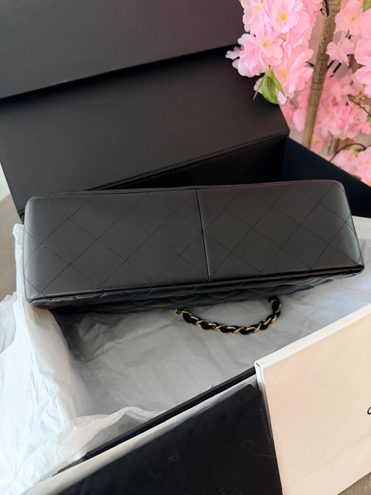 Chanel Timeless Classic Jumbo Double Flap Handbag Black Lambskin Gold Leather