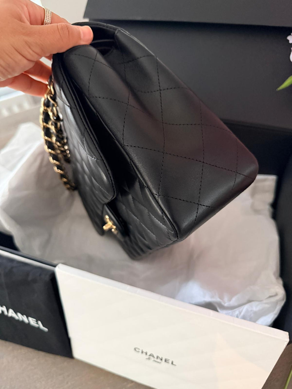 Chanel Timeless Classic Jumbo Double Flap Handbag Black Lambskin Gold Leather