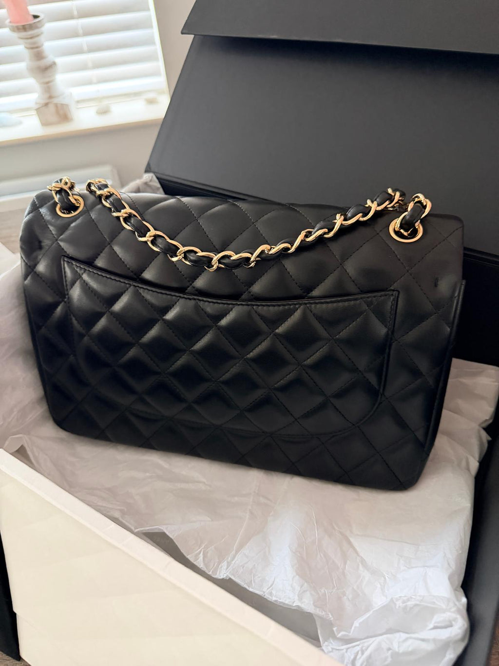 Chanel Timeless Classic Jumbo Double Flap Handbag Black Lambskin Gold Leather