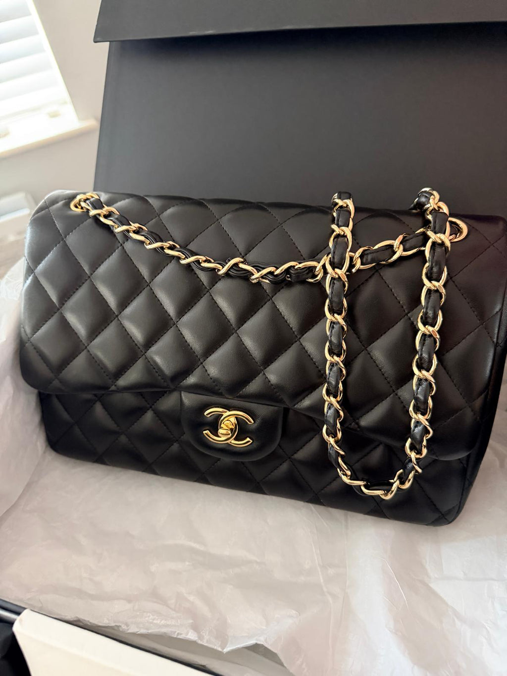 Chanel Timeless Classic Jumbo Double Flap Handbag Black Lambskin Gold Leather