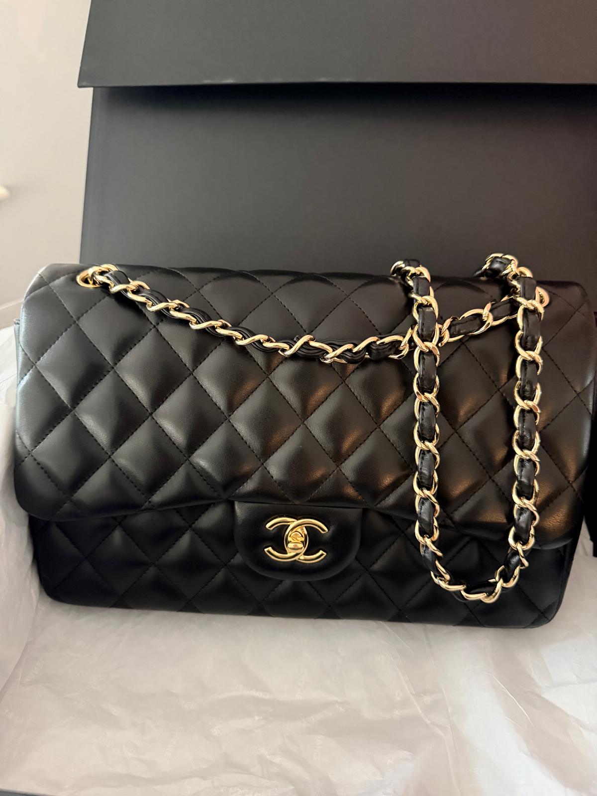 Chanel Timeless Classic Jumbo Double Flap Handbag Black Lambskin Gold Leather