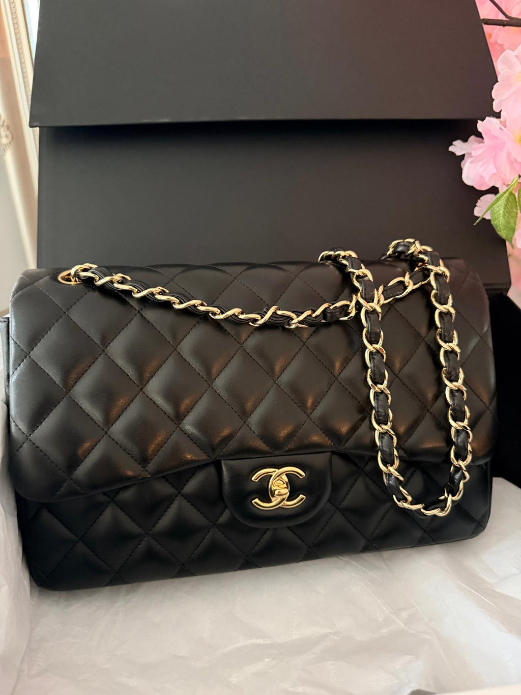 Chanel Timeless Classic Jumbo Double Flap Handbag Black Lambskin Gold Leather