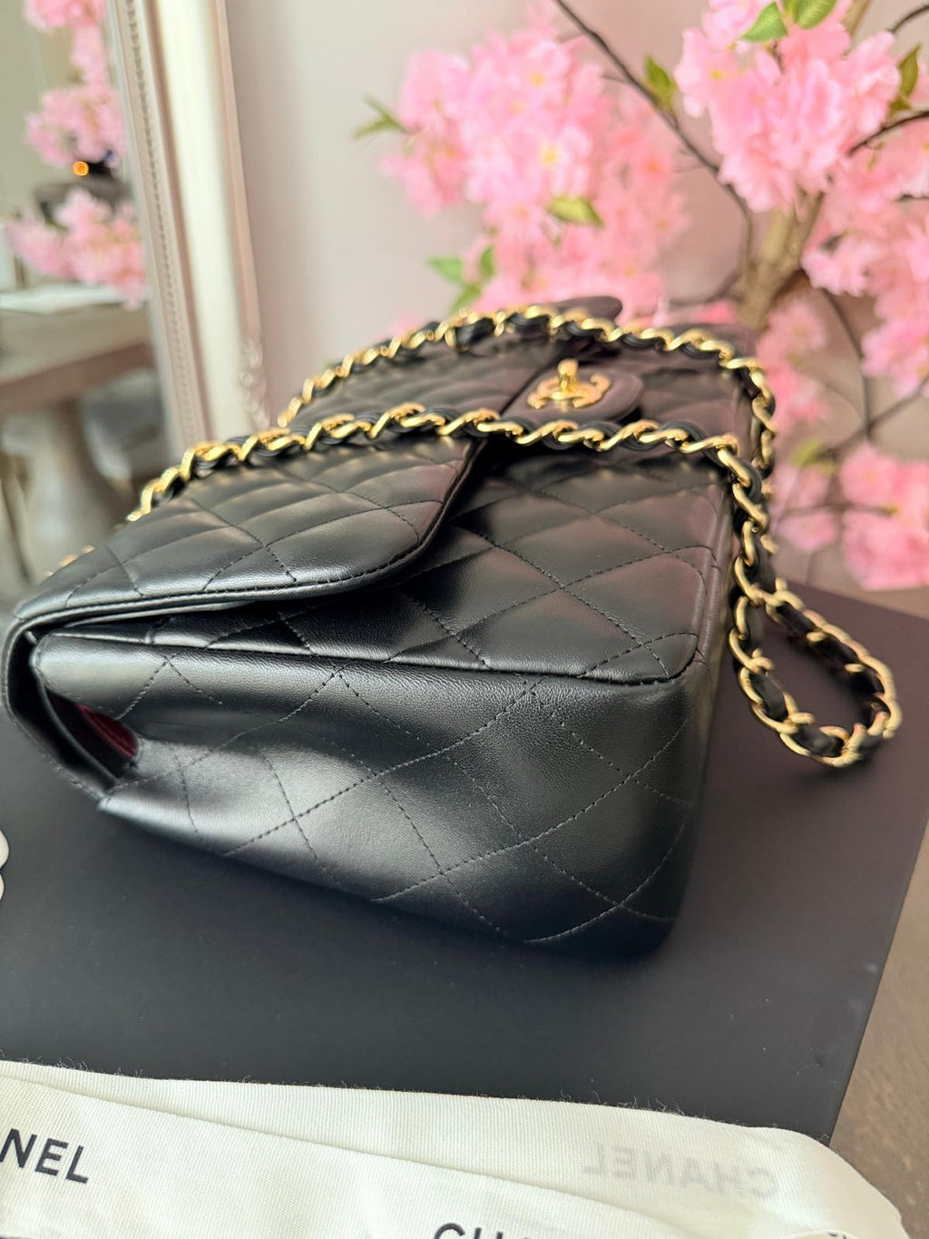 Chanel Timeless Classic Jumbo Double Flap Handbag Black Lambskin Gold Leather