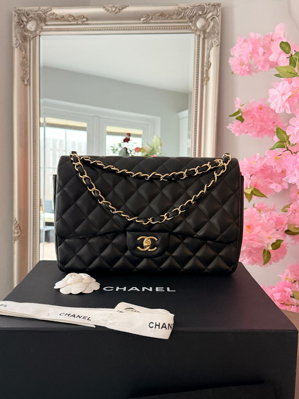 Chanel Timeless Classic Jumbo Double Flap Handbag Black Lambskin Gold Leather