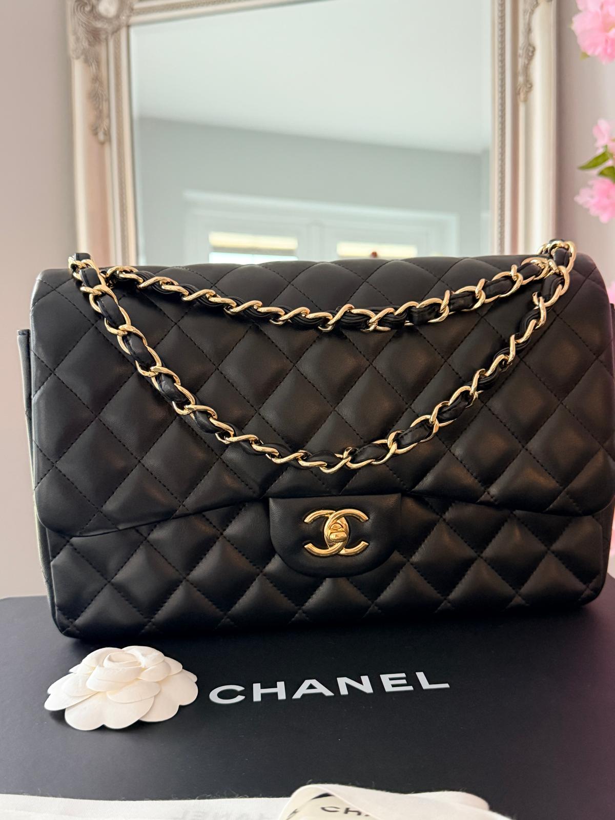 Chanel Timeless Classic Jumbo Double Flap Handbag Black Lambskin Gold Leather