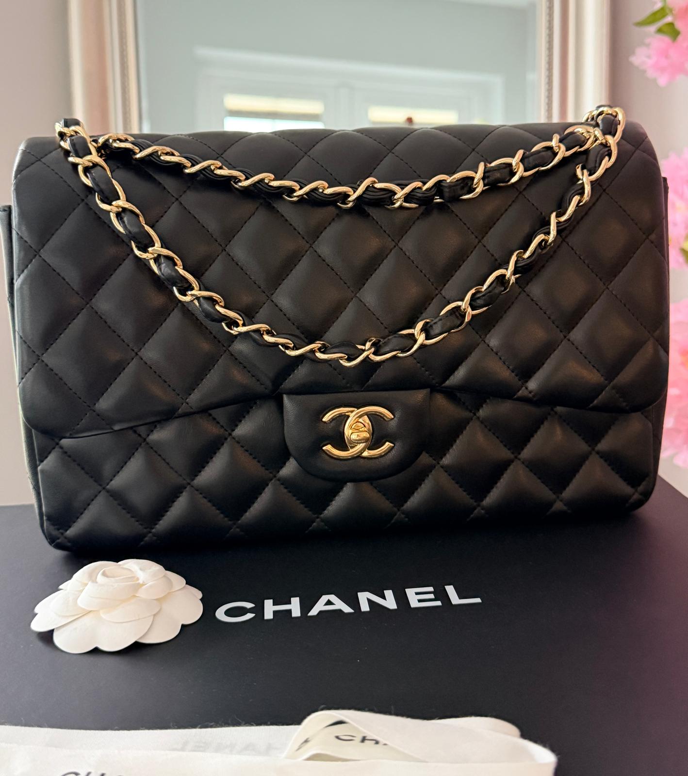 Chanel Timeless Classic Jumbo Double Flap Handbag Black Lambskin Gold Leather