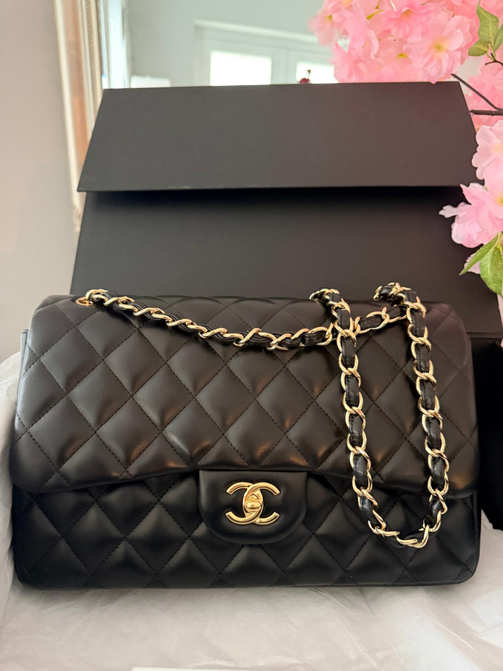 Chanel Timeless Classic Jumbo Double Flap Handbag Black Lambskin Gold Leather
