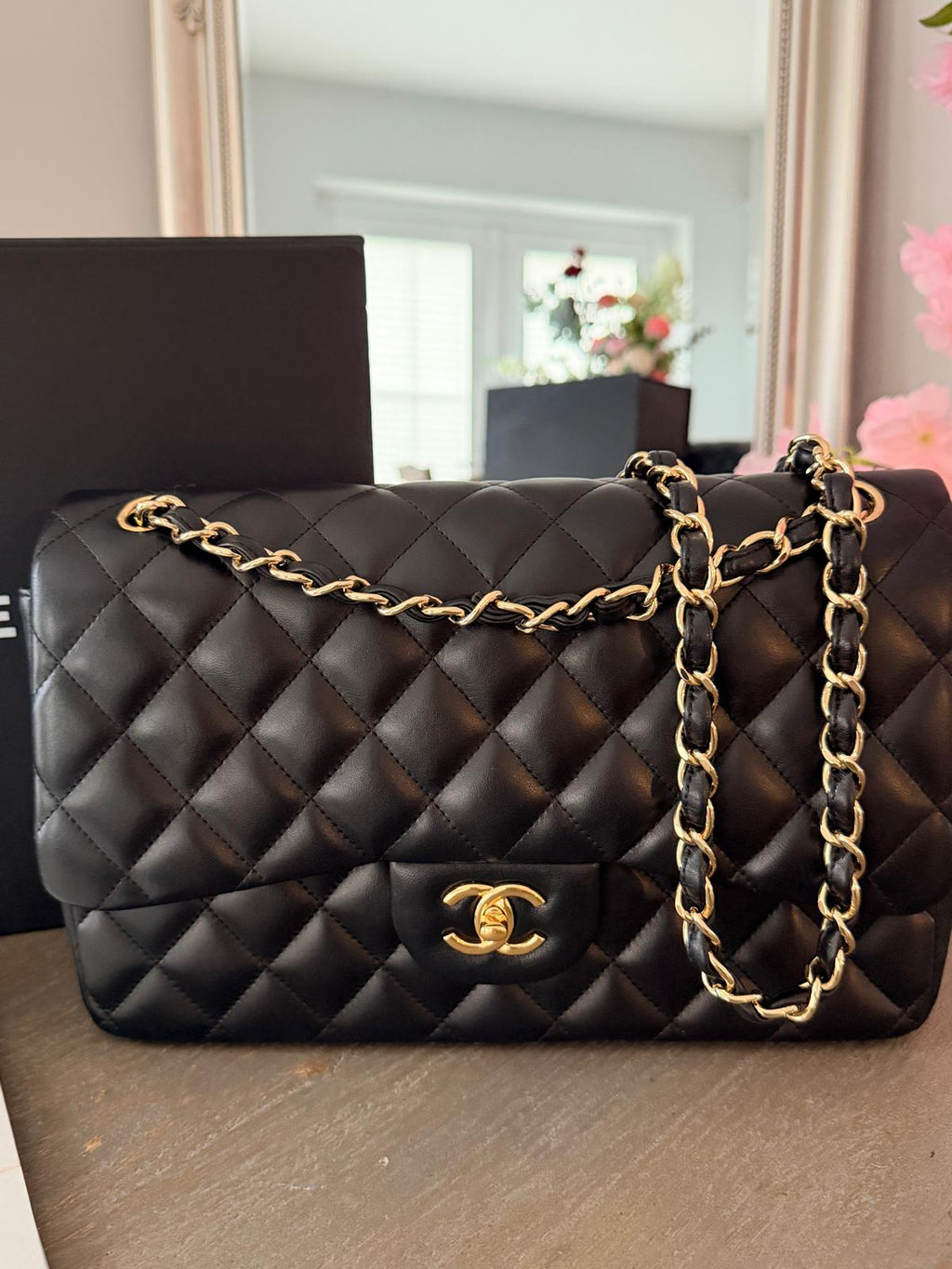 Chanel Timeless Classic Jumbo Double Flap Handbag Black Lambskin Gold Leather