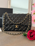 Chanel Timeless Classic Jumbo Double Flap Handbag Black Lambskin Gold Leather