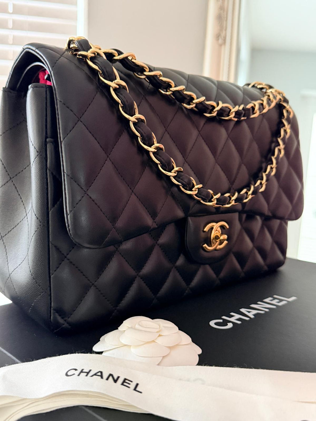Chanel Timeless Classic Jumbo Double Flap Handbag Black Lambskin Gold Leather