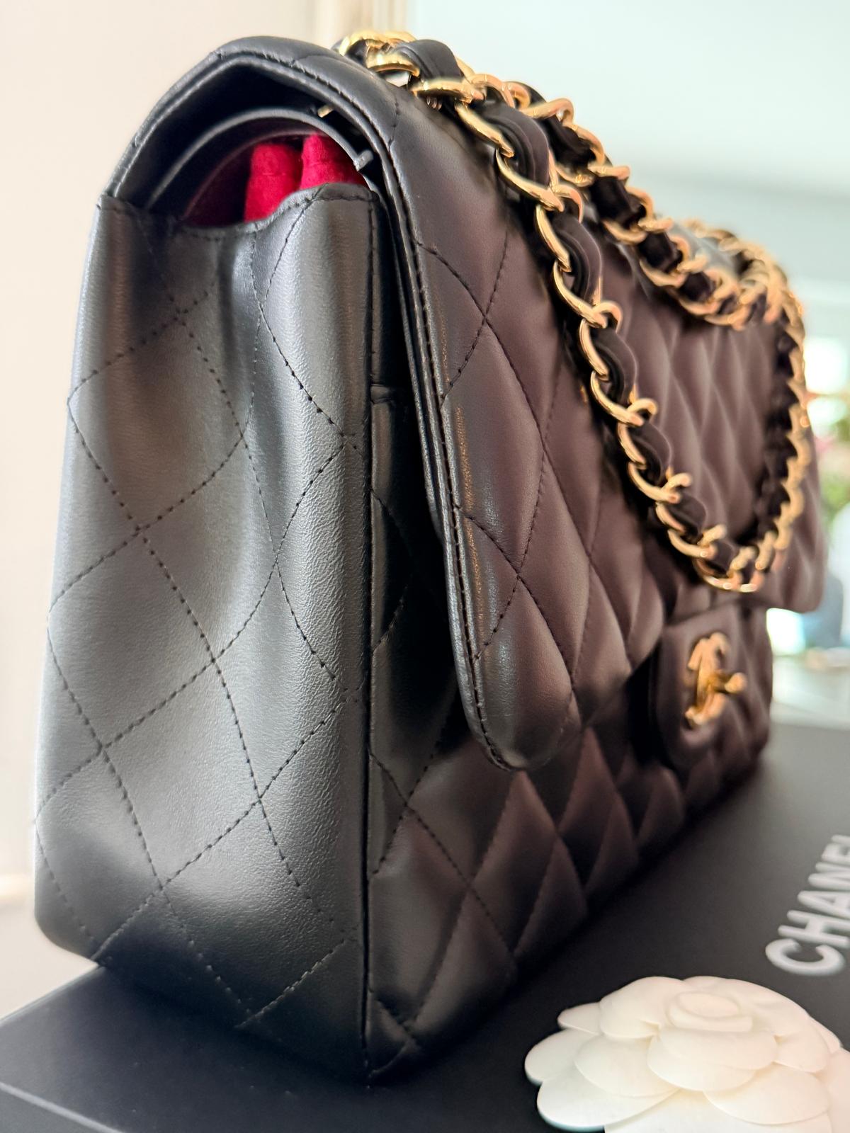 Chanel Timeless Classic Jumbo Double Flap Handbag Black Lambskin Gold Leather