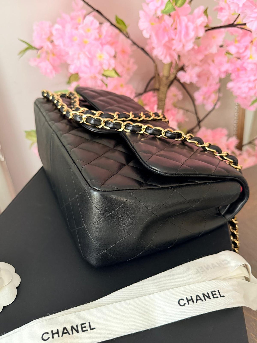 Chanel Timeless Classic Jumbo Double Flap Handbag Black Lambskin Gold Leather