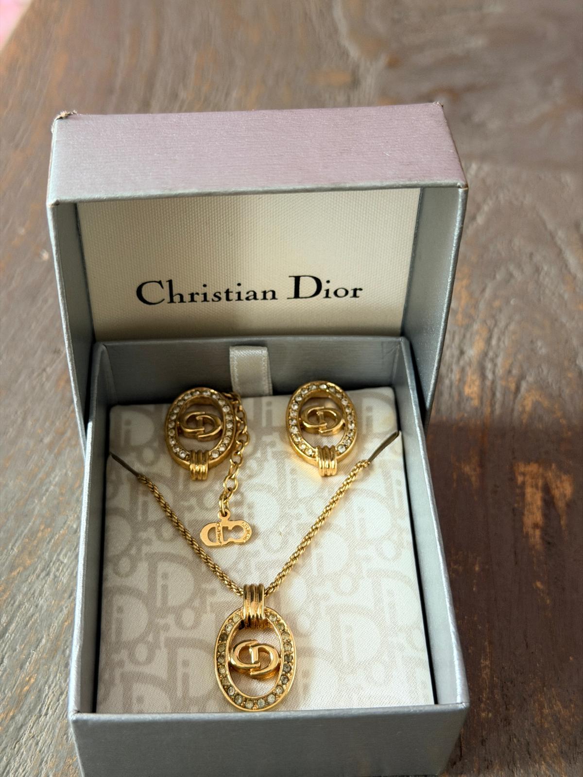 Christian Dior CD Logo Gold Plated with Rhinestones Earrings & Necklace Set
