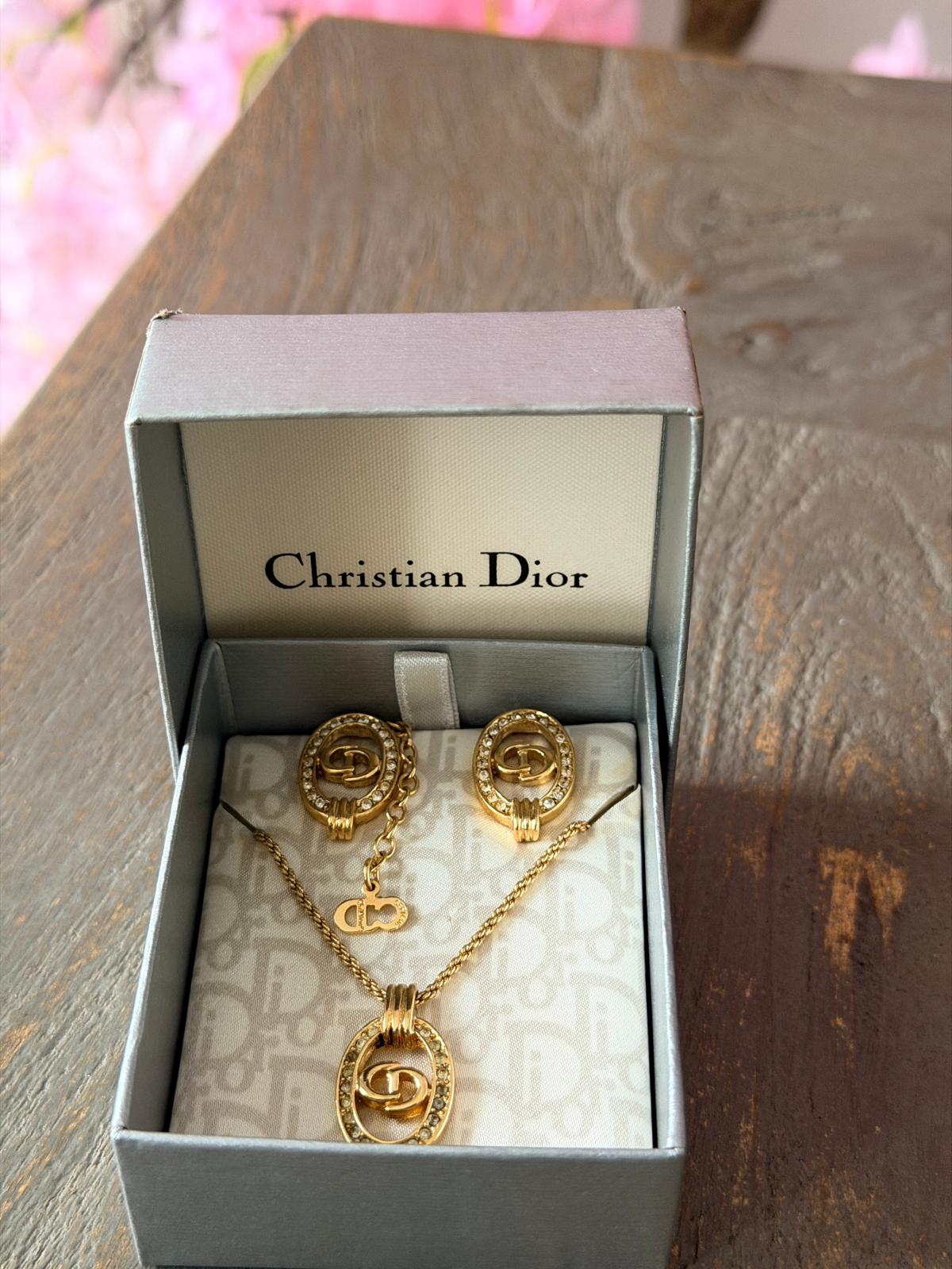 Christian Dior CD Logo Gold Plated with Rhinestones Earrings & Necklace Set
