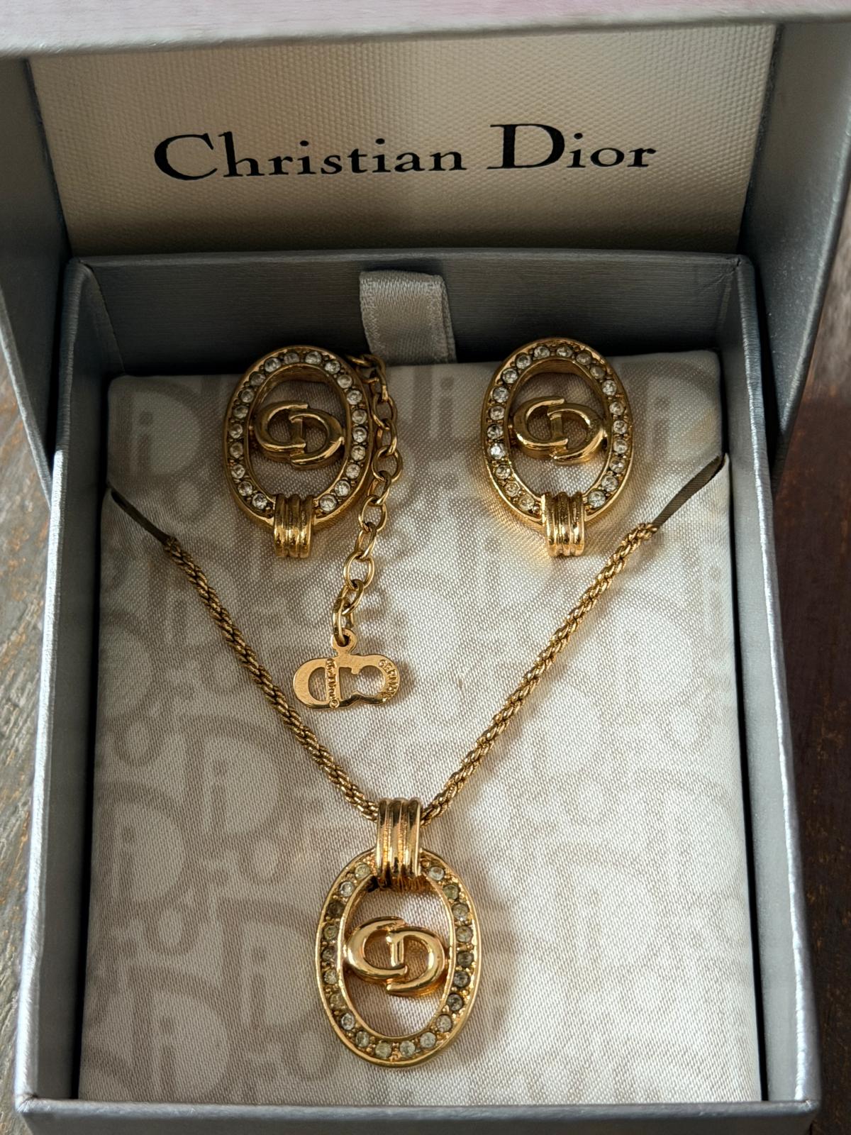 Christian Dior CD Logo Gold Plated with Rhinestones Earrings & Necklace Set