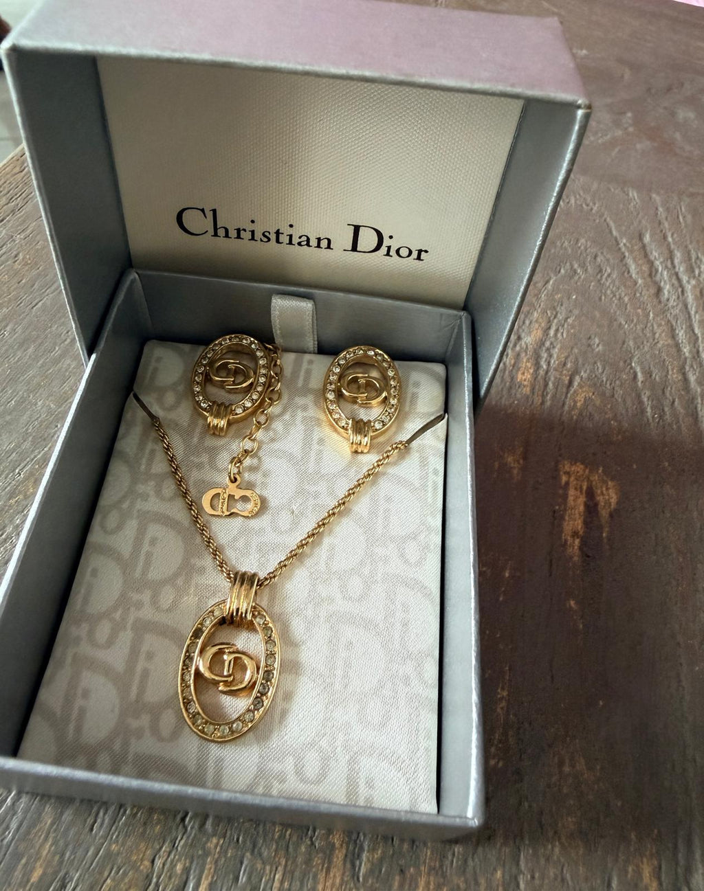 Christian Dior CD Logo Gold Plated with Rhinestones Earrings & Necklace Set