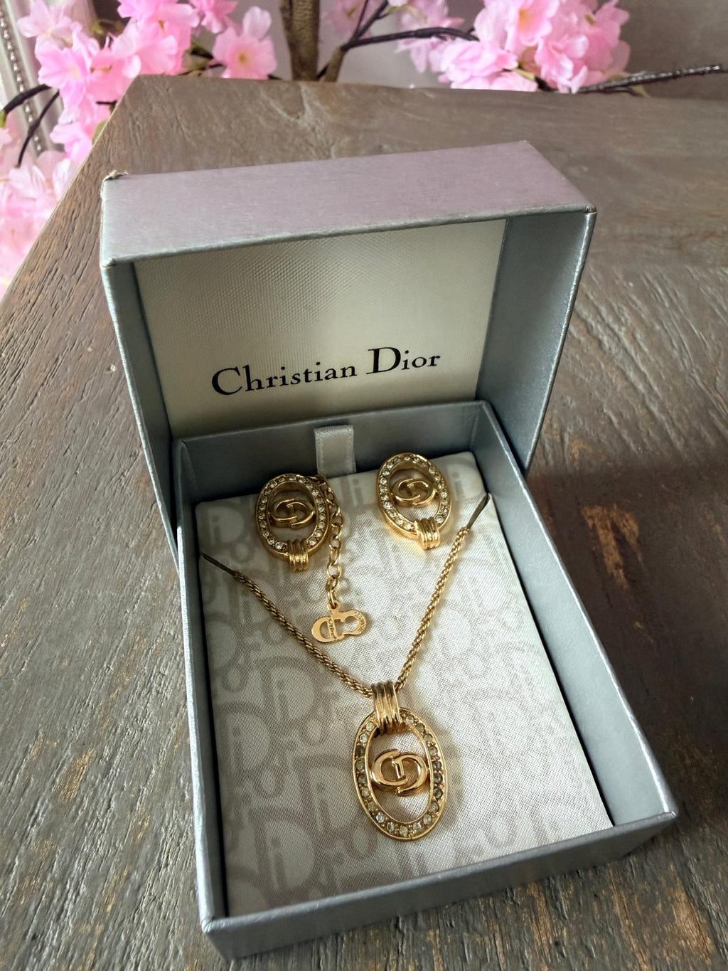 Christian Dior CD Logo Gold Plated with Rhinestones Earrings & Necklace Set