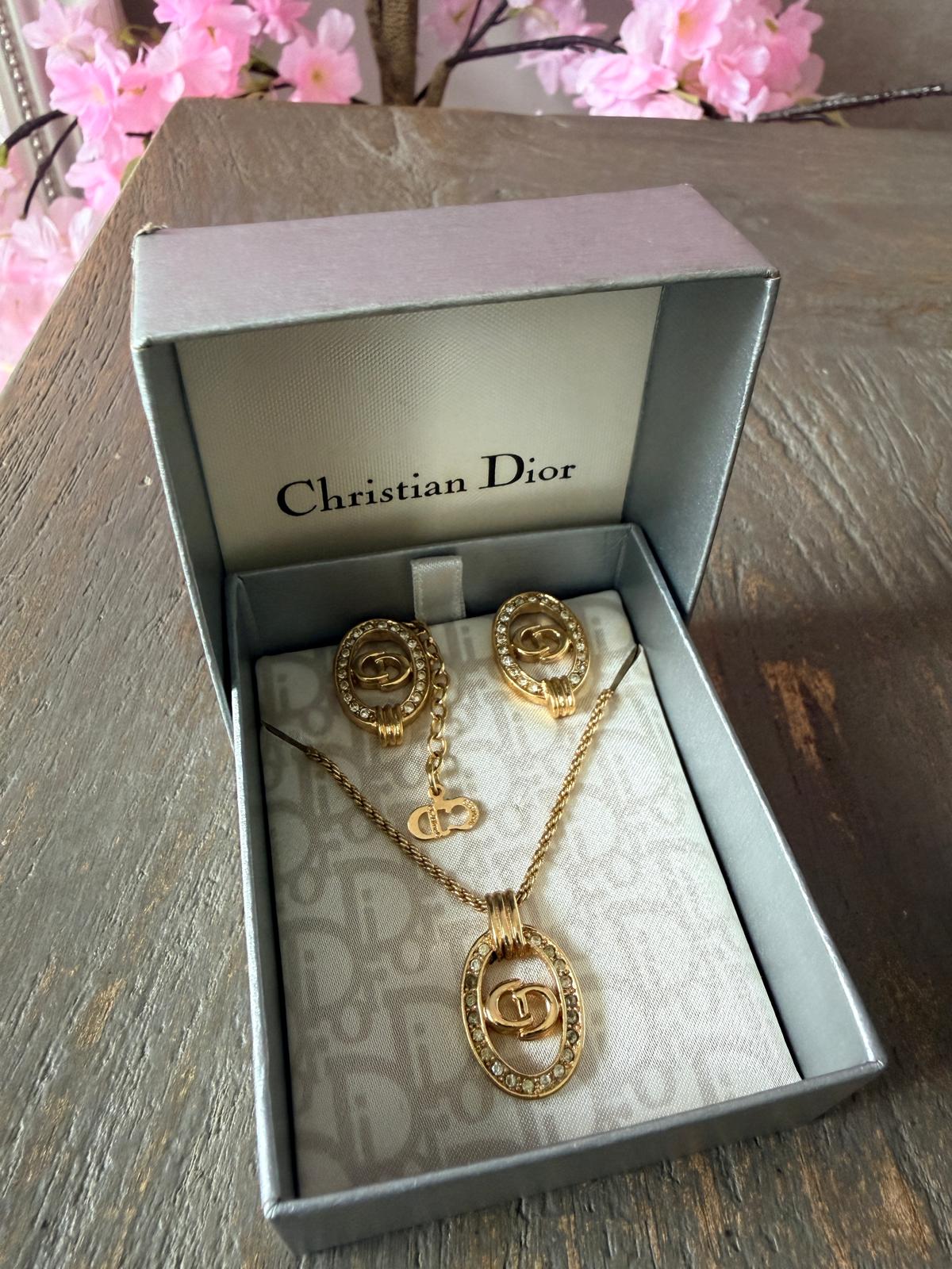 Christian Dior CD Logo Gold Plated with Rhinestones Earrings & Necklace Set