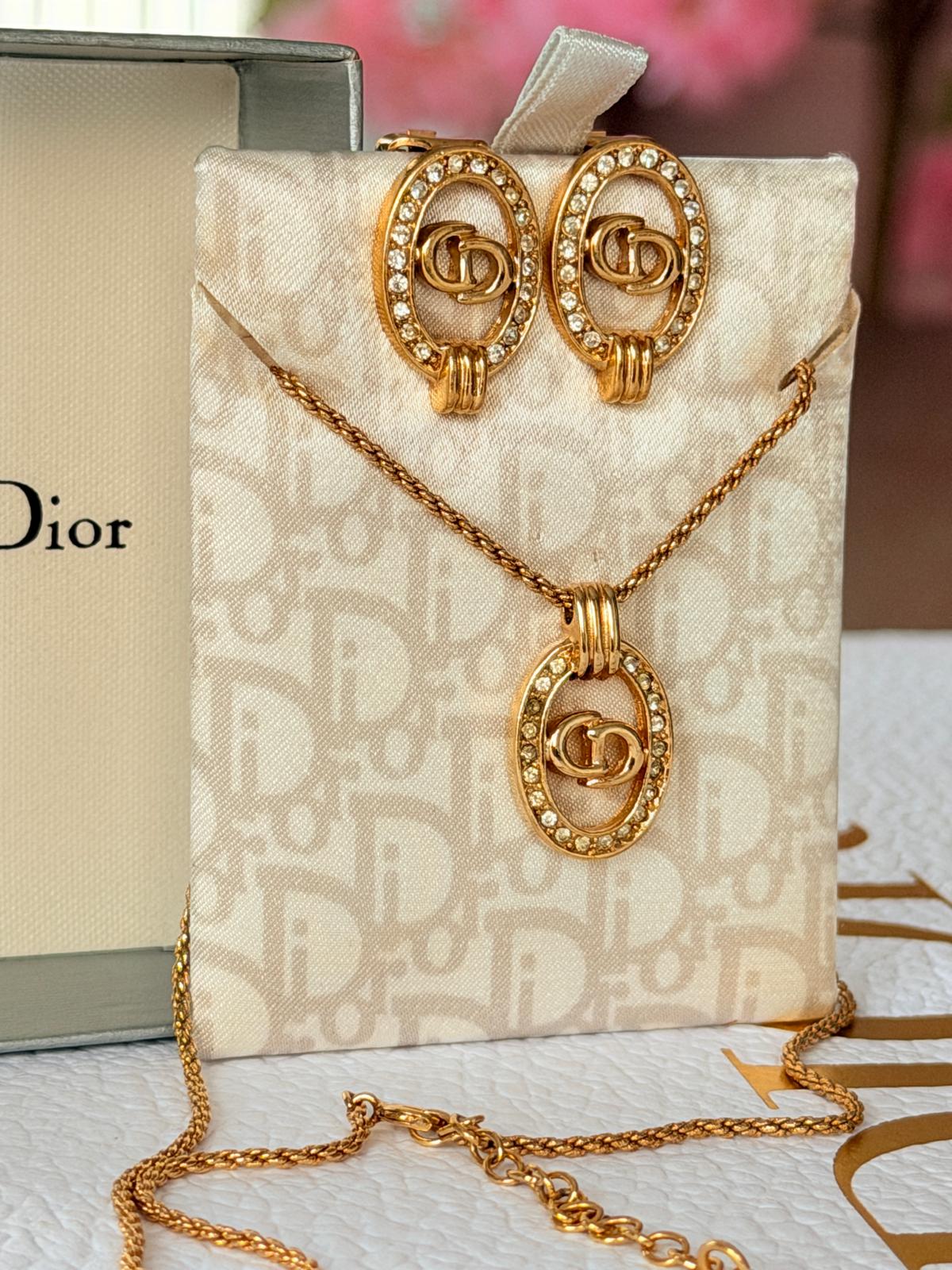 Christian Dior CD Logo Gold Plated with Rhinestones Earrings & Necklace Set