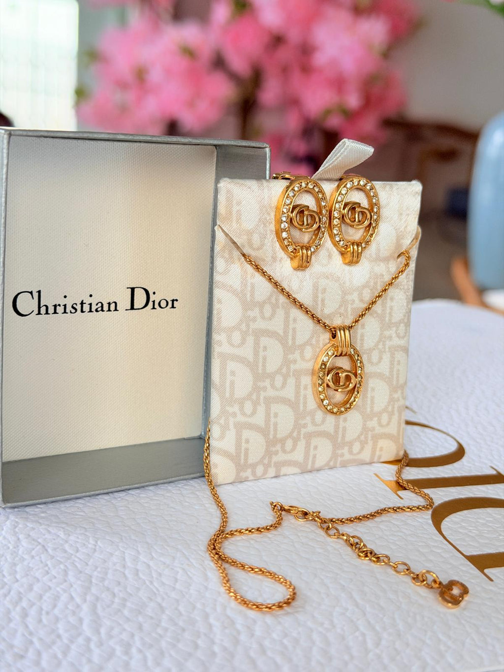 Christian Dior CD Logo Gold Plated with Rhinestones Earrings & Necklace Set
