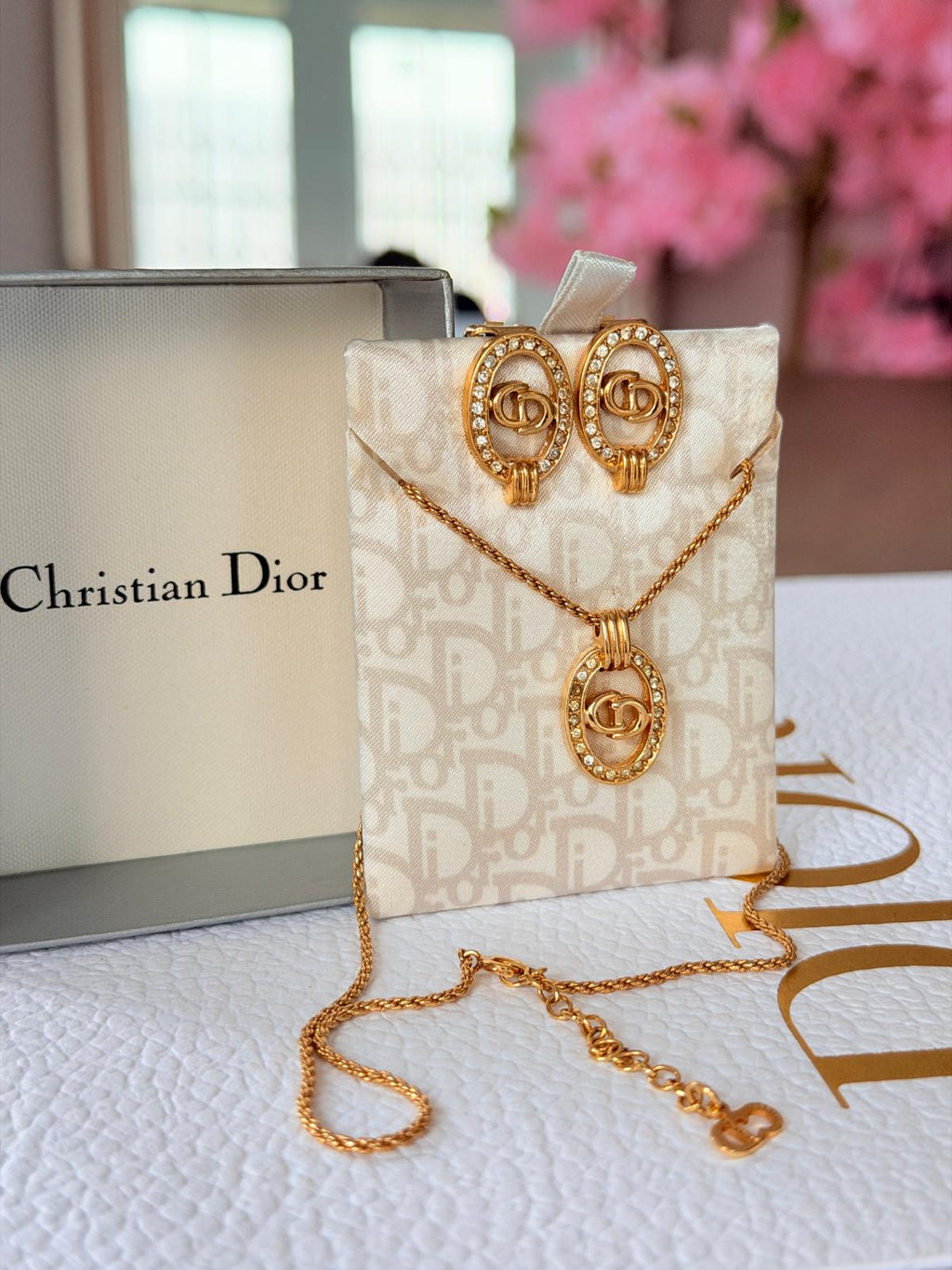 Christian Dior CD Logo Gold Plated with Rhinestones Earrings & Necklace Set